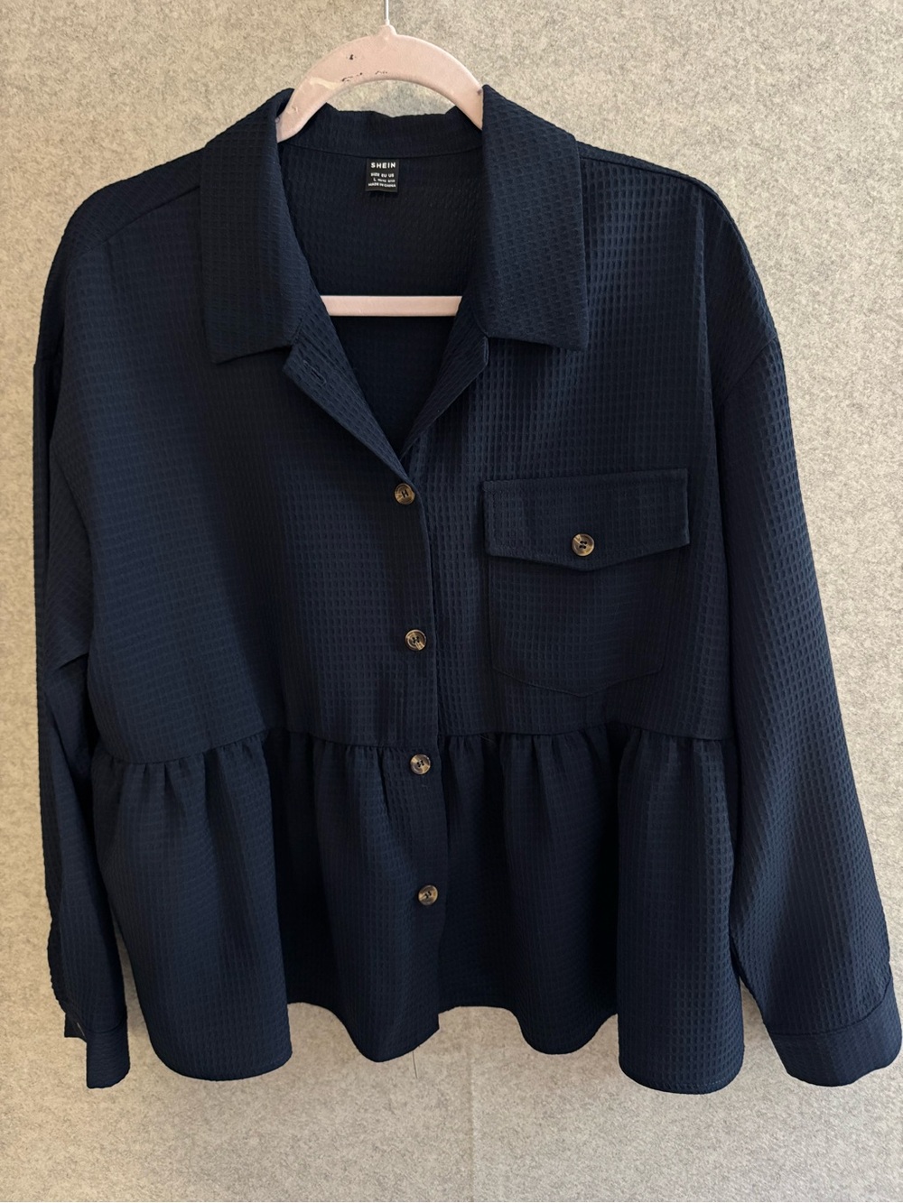 SHEIN Navy Textured Button-Front Peplum Shirt